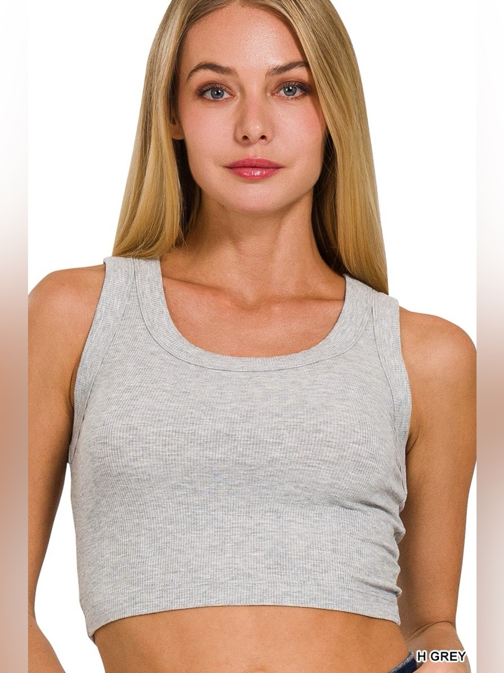Zenana Ribbed Scoop Neck Cropped Tank Top Gray S M L Stretch Basic🛍️